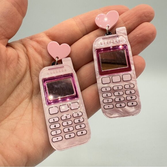 Pink Heart Cell Phone Acrylic Pierced Earrings - Picture 3 of 9